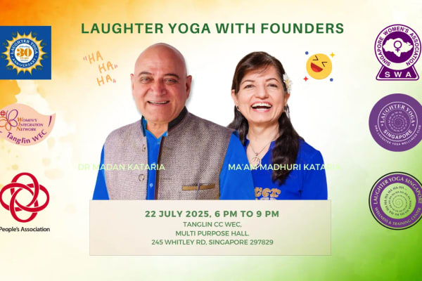 Laughter Yoga Session with Dr. Madan Kataria and Madam Madhuri at Tanglin CC WEC featuring 120 participants