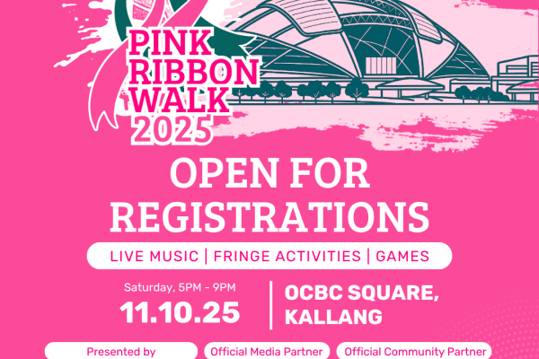 Pink Ribbon Walk 2025 promotional poster featuring event details at OCBC Square, Kallang