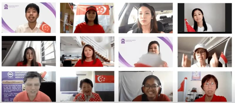 Ren Ci residents waving flags during SWA's virtual National Day celebration via Zoom