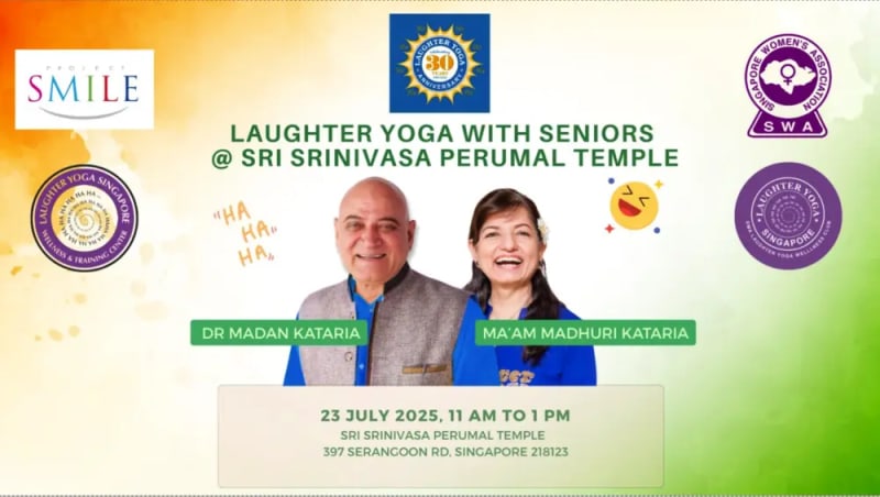 Event backdrop with Dr. Madan Kataria and Madam Madhuri