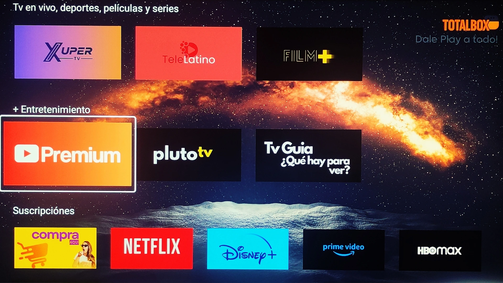 Interfaz de TOTALBOX.TV en un televisor