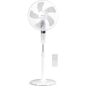 Ventilateur sur Pied Ø 40 cm Puissant 55W, 3 Vitesses, 4 Modes, Hauteur Réglable & Tête Pivotante, Oscillation 80°, Télécommande et Panneau LED, Minuterie 7.5h, Silencieux 60 dB - Blanc