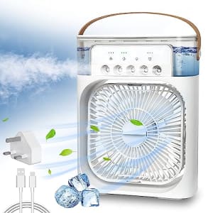 Ventilateur de climatisation portable Mini refroidisseur d'air avec 7 couleurs de lumière LED minuteur 1 2 3 H 3 vitesses de vent et 3 modes de pulvérisation pour bureau maison dortoir voyage