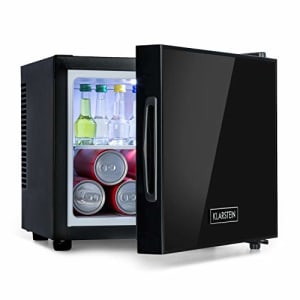 Frosty - Mini-réfrigérateur, Capacité de 10 litres, Compact, Eclairage intérieur LED blanc, 12 et 18 °C, Clayette en verre, Elégante porte, Nettoyage facile, Noir