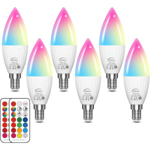 Ampoule LED E14 5W (équivalent 50W) Couleur Changement de couleur LED Ampoule de bougie,RVB + blanc chaud 2700K à intensité variable Ampoule LED candélabre,12 choix de couleurs(lot de 6)