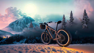 vélo electrique, sur chemin enneigé, au loin une montagne