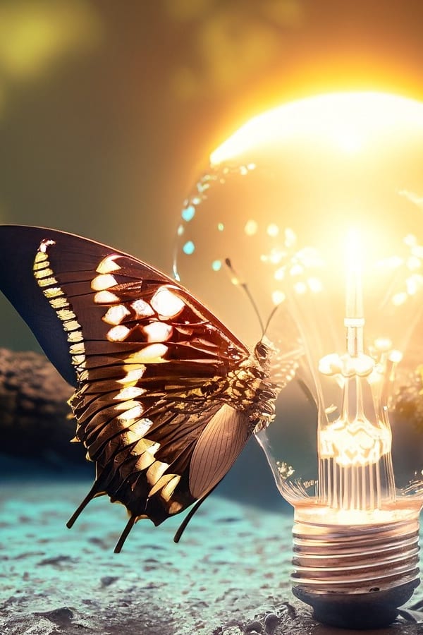 Logo du site, magnifique papillon monarque perché au sommet d'une ampoule électrique économe en énergie. Le papillon a les ailes largement déployées, montrant les couleurs vibrantes de ses ailes orangées et noires.