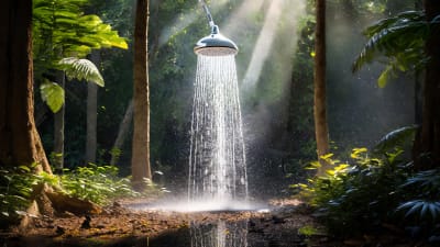 pommeau de douche dans une forêt, sorti de nul part