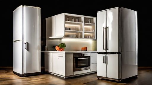 frigo gris brillant dans cuisine avec parquet