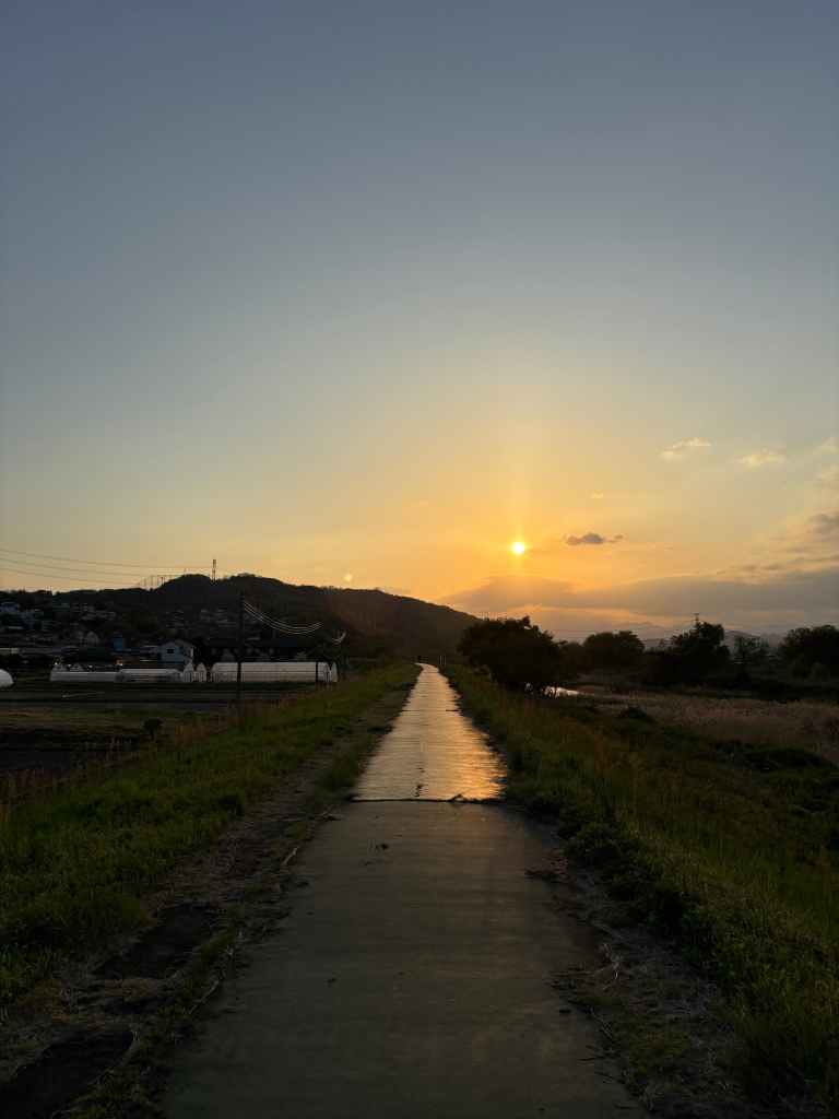 A tranquil pathway lined with grass, extending towards a sunset over a rural landscape, with distant hills and a clear sky.