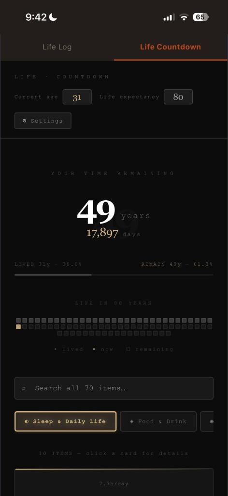 Screenshot of a life countdown app showing current age (31), life expectancy (80), and time remaining (49 years, 17,897 days). Includes visual representation of lived and remaining years.