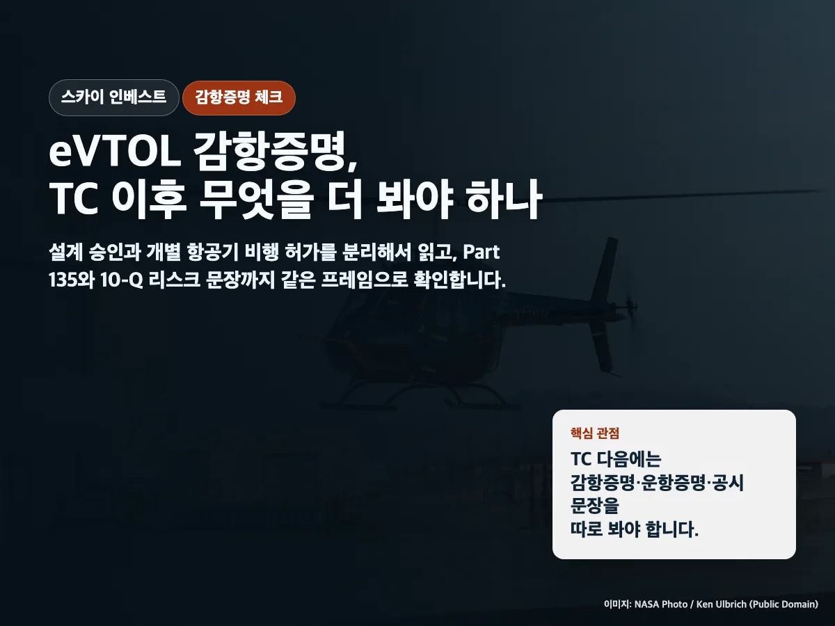 eVTOL 감항증명과 TC 이후 투자자가 확인할 문서 순서를 정리한 썸네일