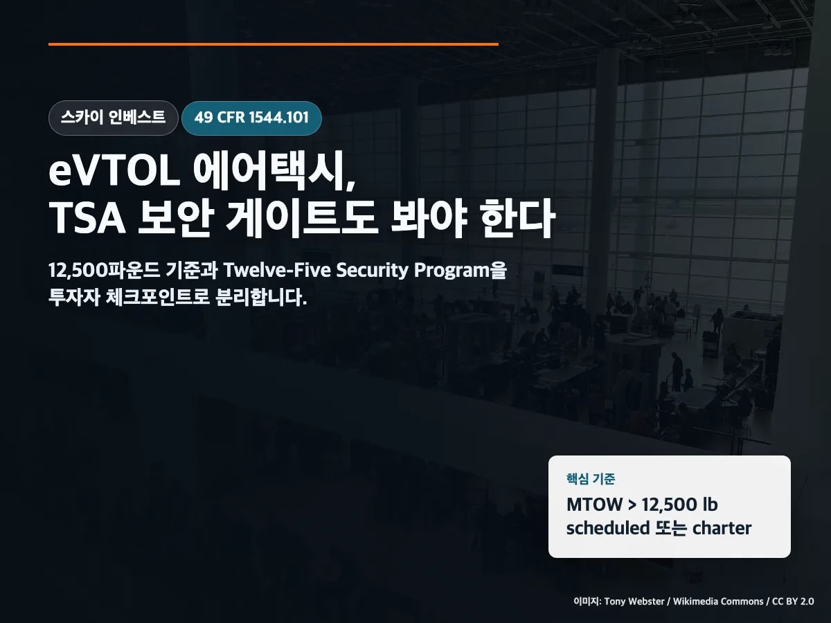 공항 TSA 보안검색대 사진과 eVTOL Twelve-Five 보안 프로그램 분석
