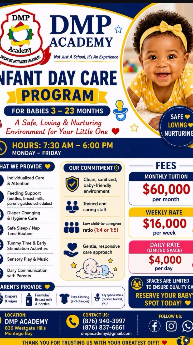 DMP Academy Infant Day Care Program flier with programme details, fees, hours, and contact information