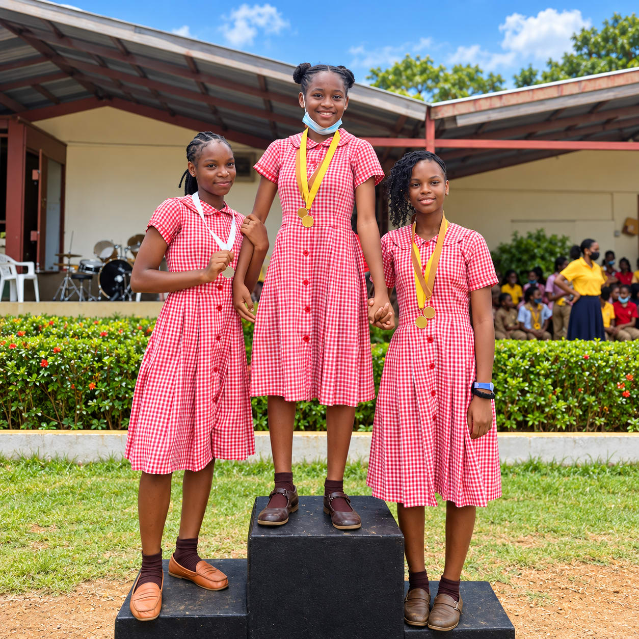 Santa Cruz Preparatory School students on the podium with medals