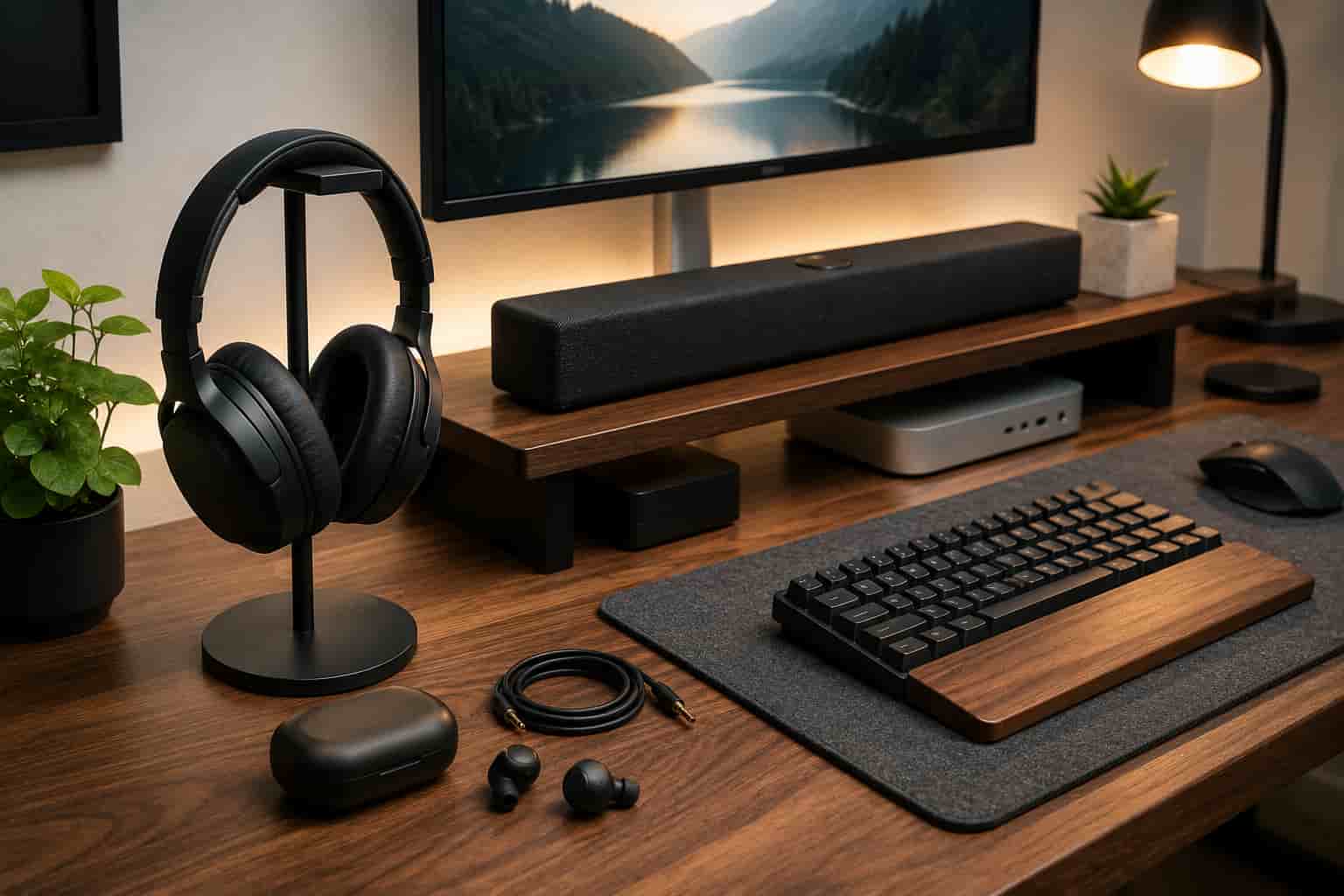 Clean home office desk setup showing headphone stand, soundbar, and organized audio accessories