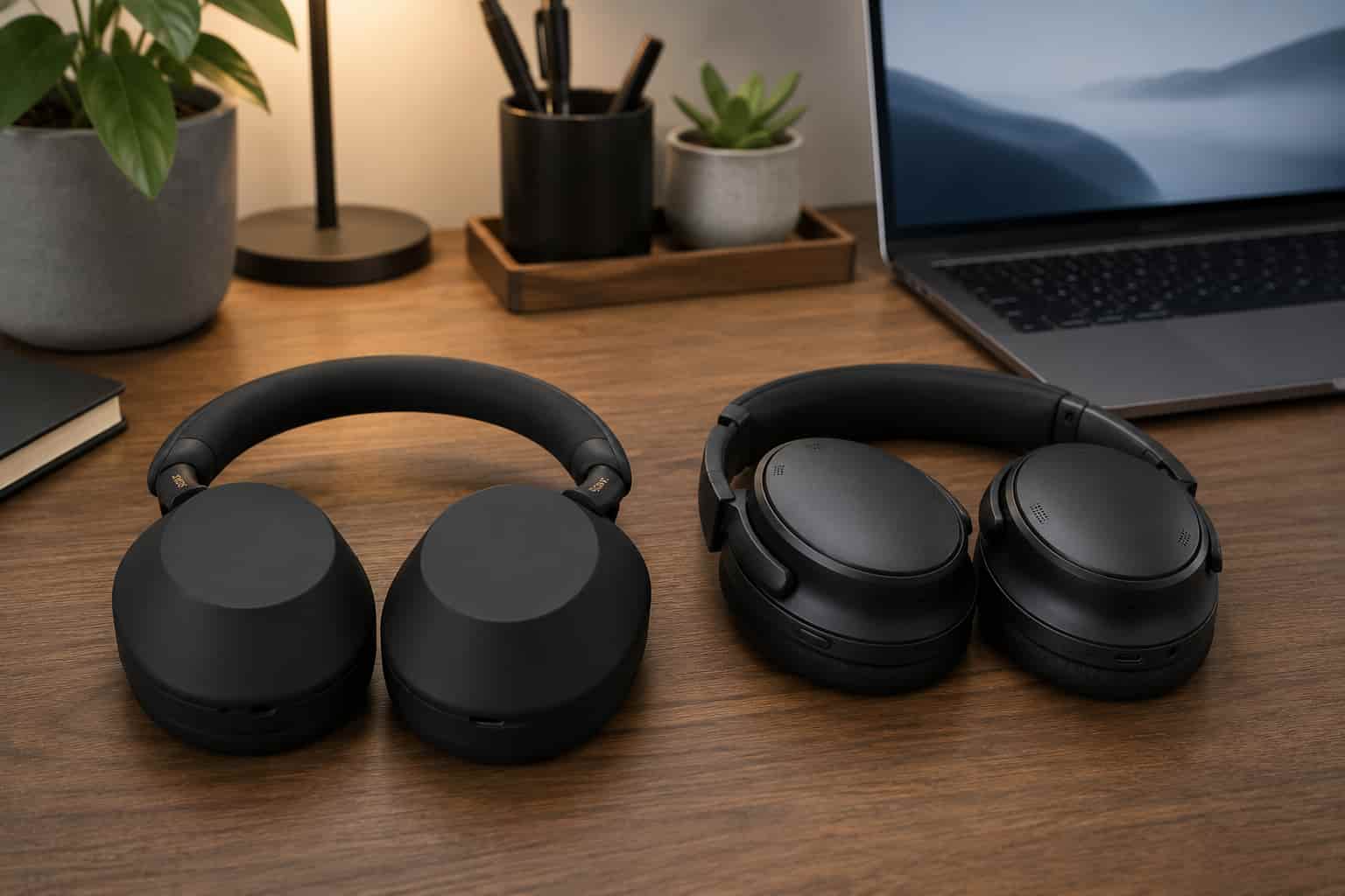 Sony WH-1000XM5 and Bose QuietComfort 45 side by side on a home office desk