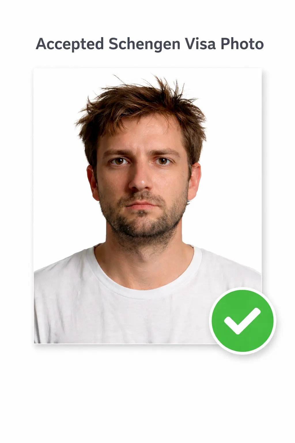 Schengen visa photo sample showing accepted photo with white background and correct proportions