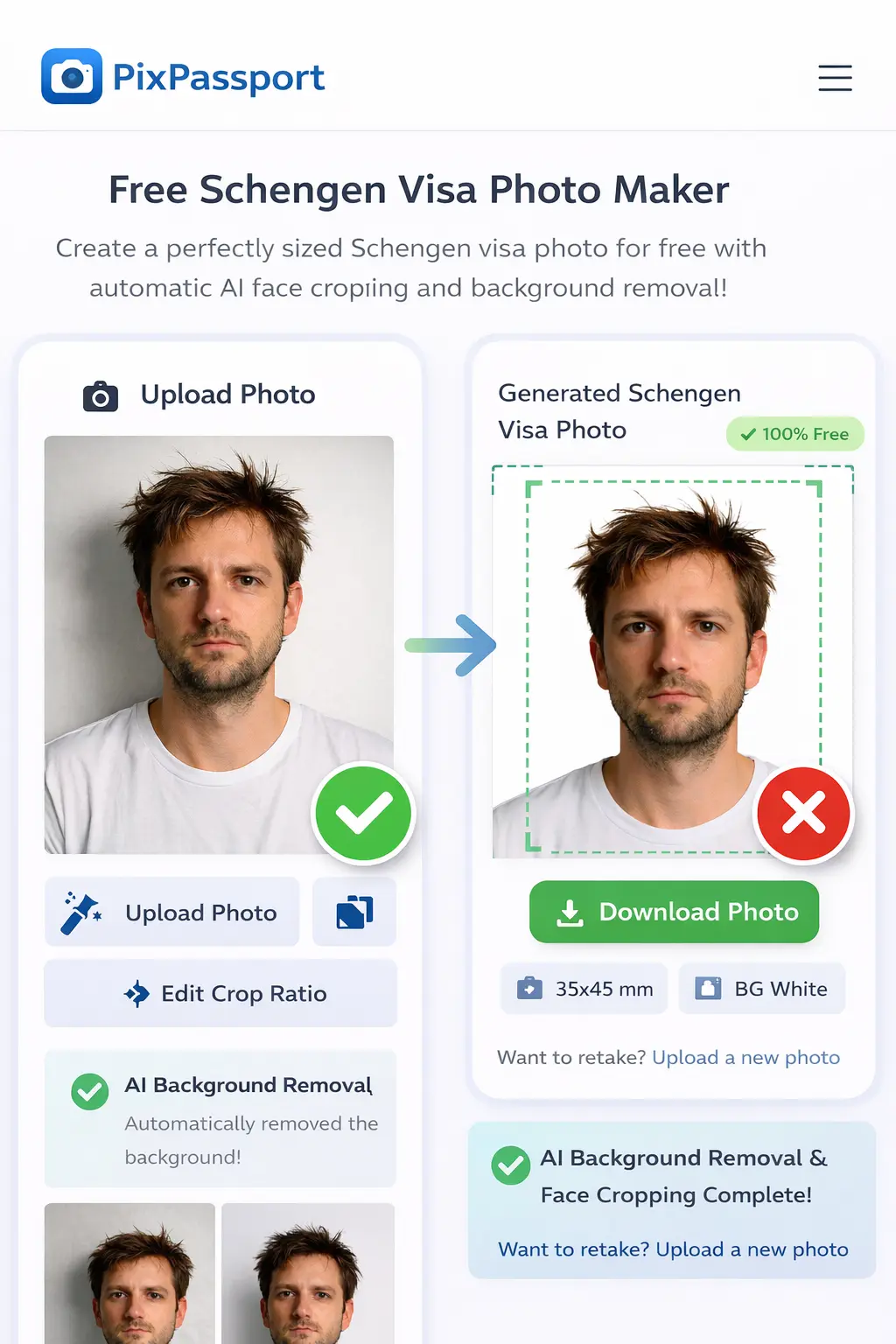 PixPassport free Schengen visa photo maker tool showing AI background removal and face cropping