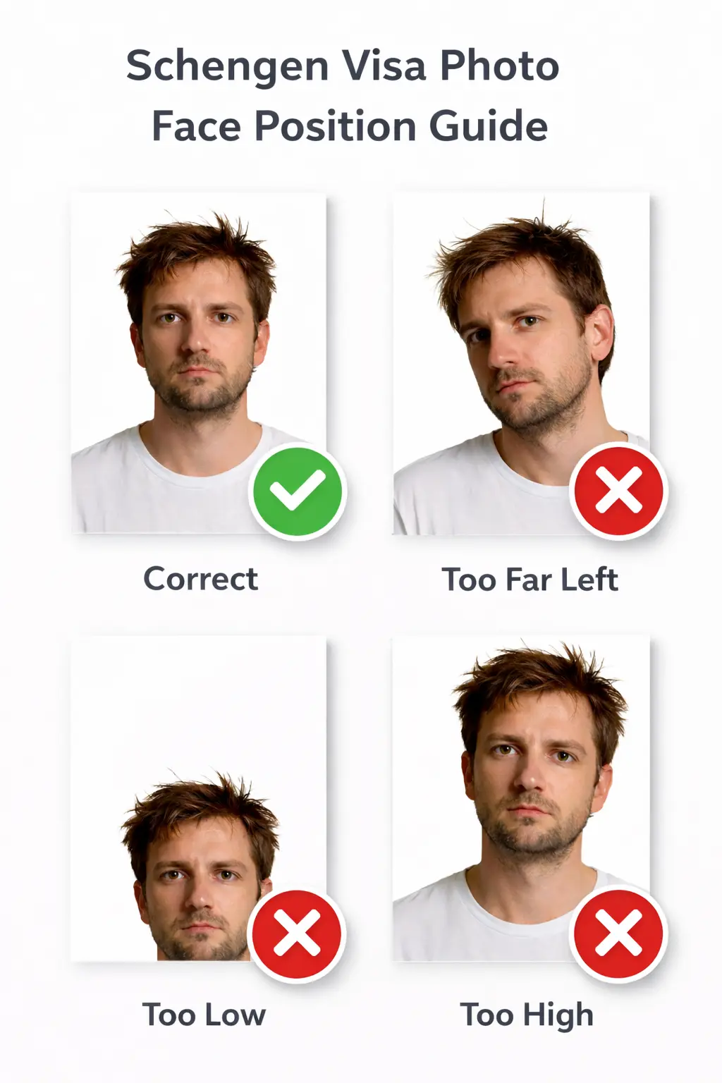 Schengen visa photo requirements for face position showing correct framing and eye level alignment