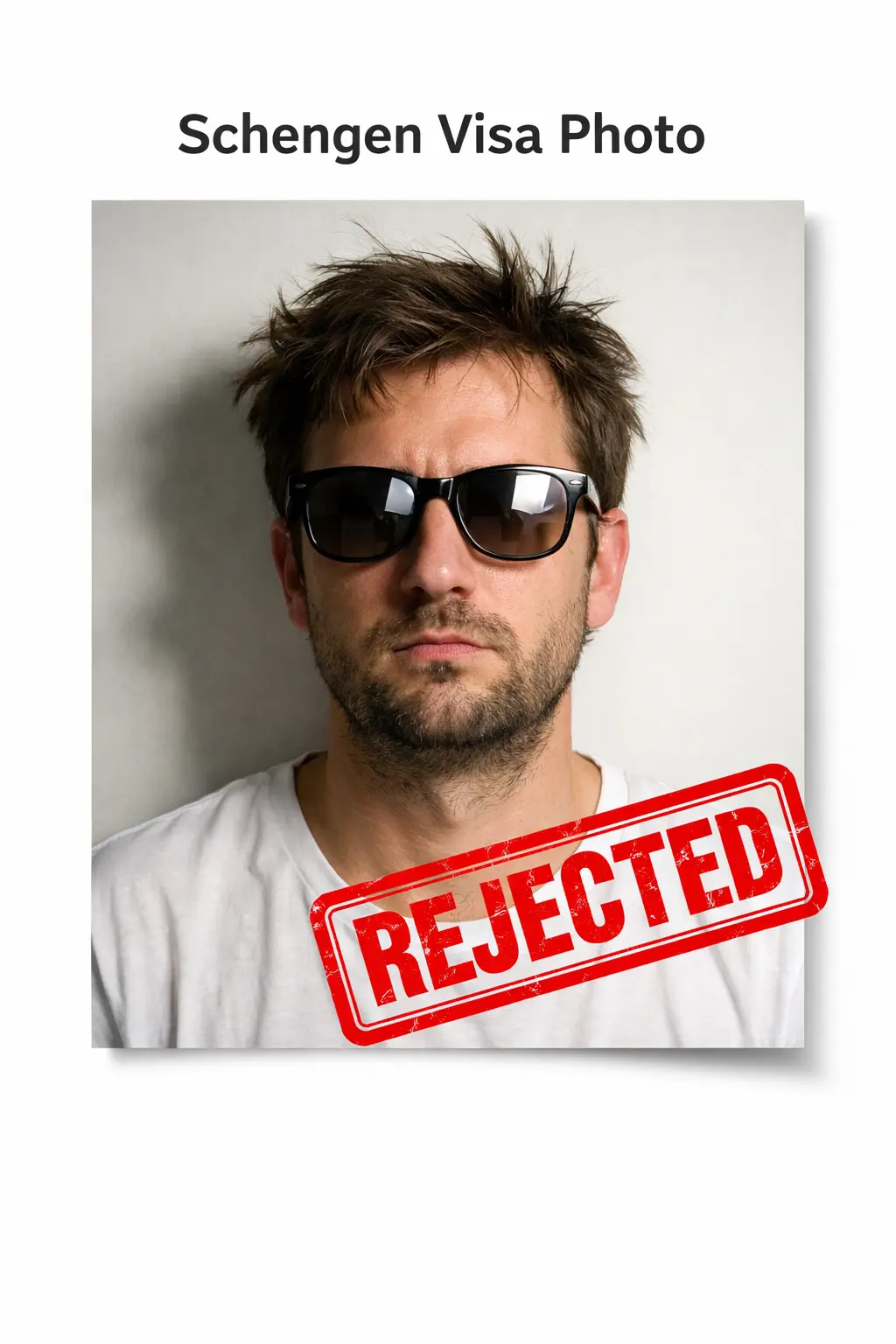 Schengen visa photo sample showing rejected photo with shadow and incorrect background
