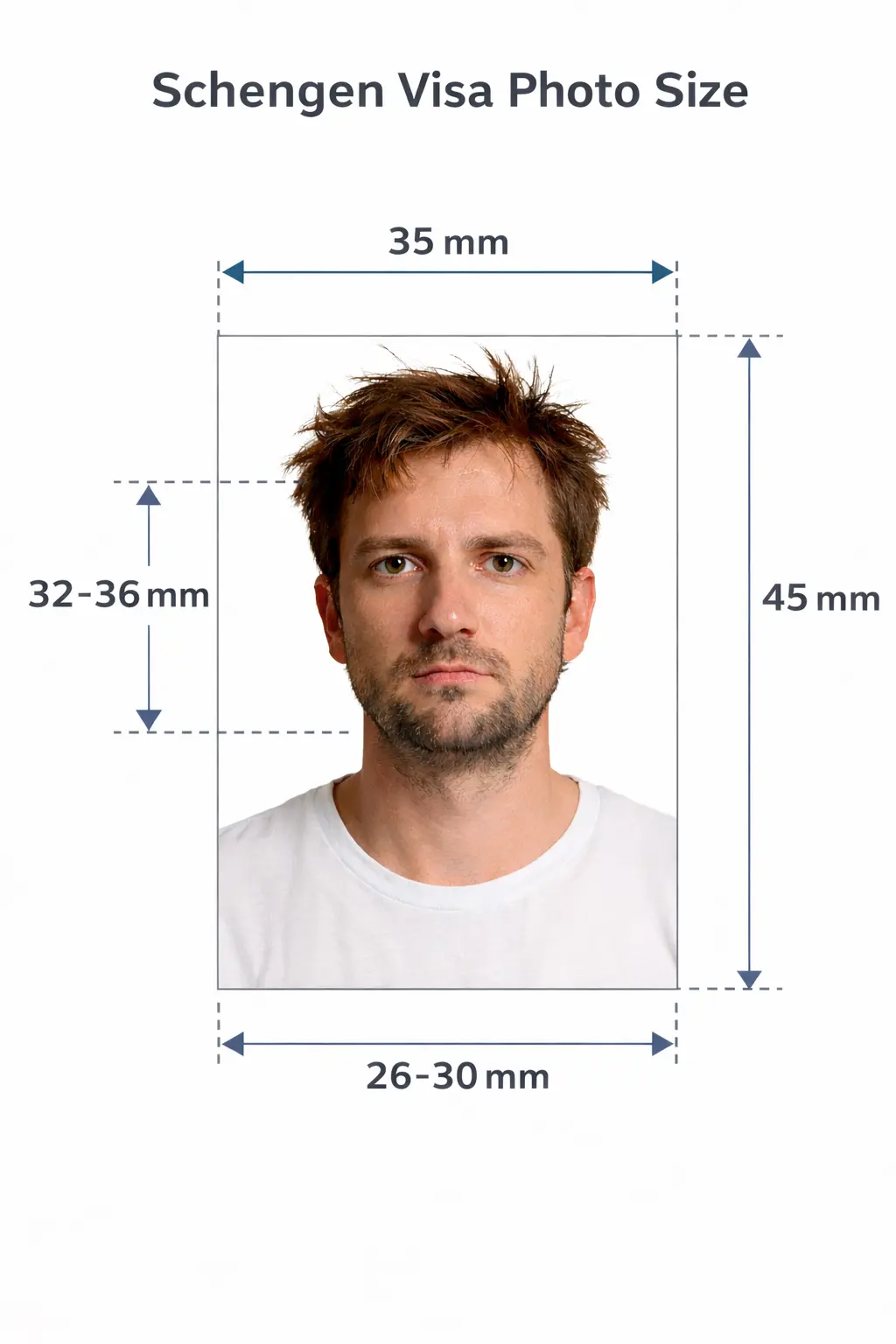 Schengen visa photo size diagram showing 35x45mm dimensions with face height measurement guidelines