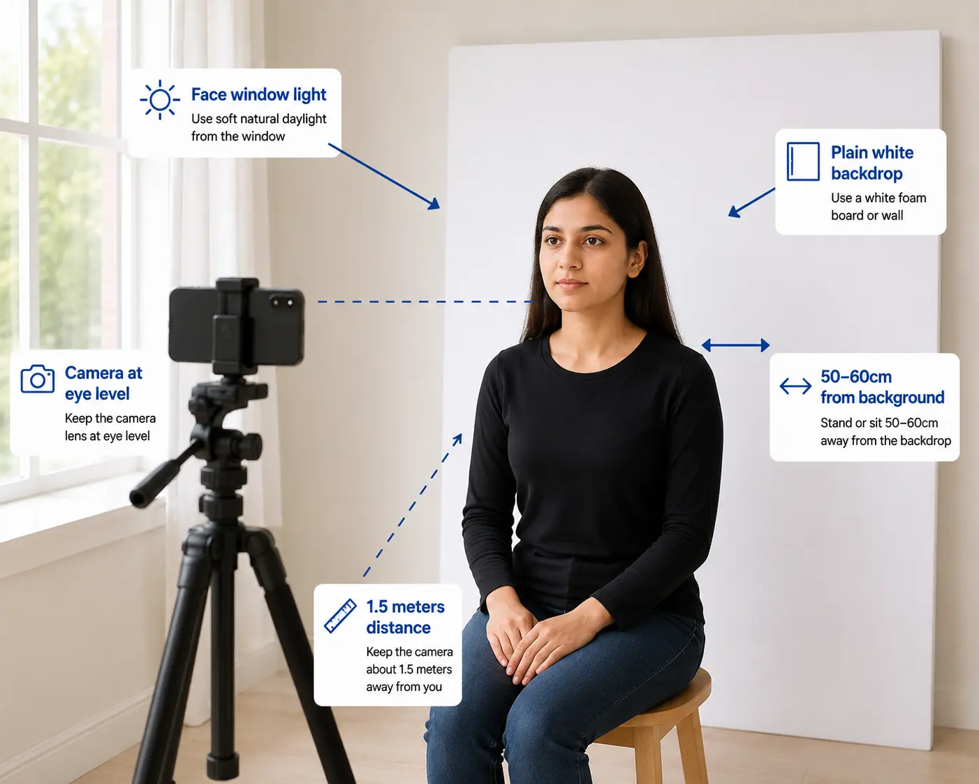 Home photography setup for France visa photo — window light, white background, rear camera on tripod