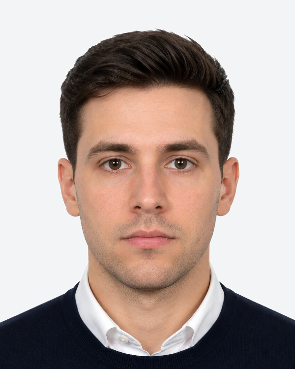 Good UK passport photo example with compliant head ratio and plain cream background