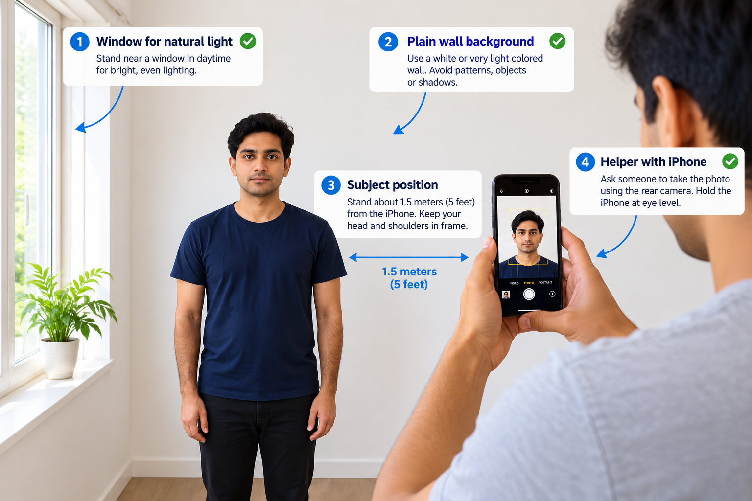 Home setup for an iPhone passport photo: window, plain wall and helper
