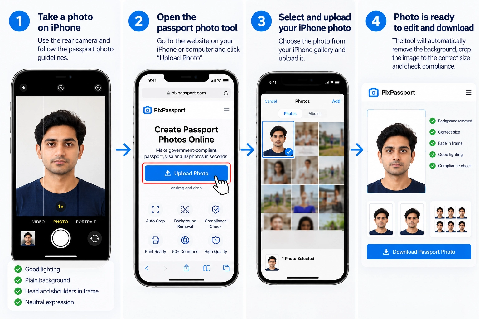 Uploading an iPhone photo to the passport photo tool