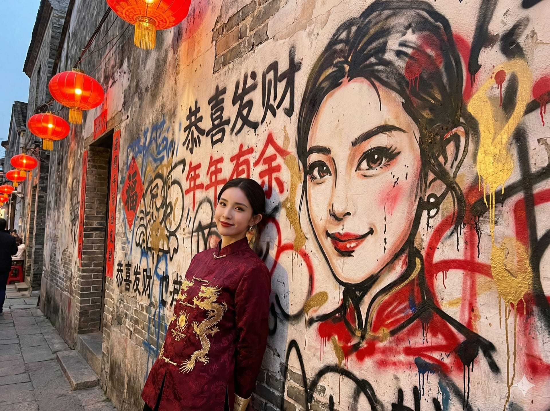 涂鸦墙合影：真实与漫画