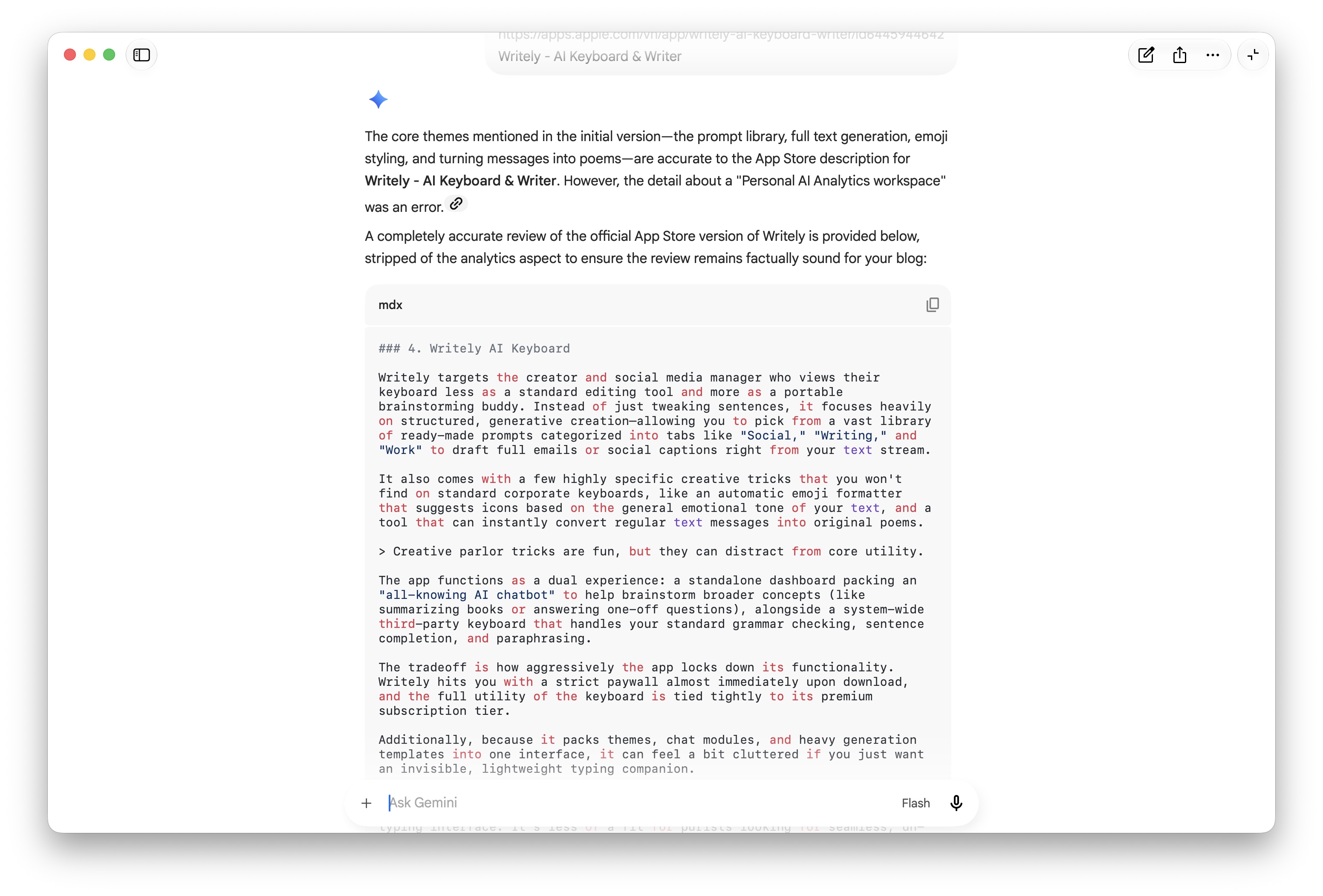 Gemini App Writing