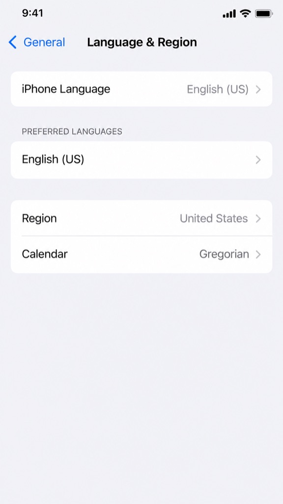 iPhone Language & Region settings