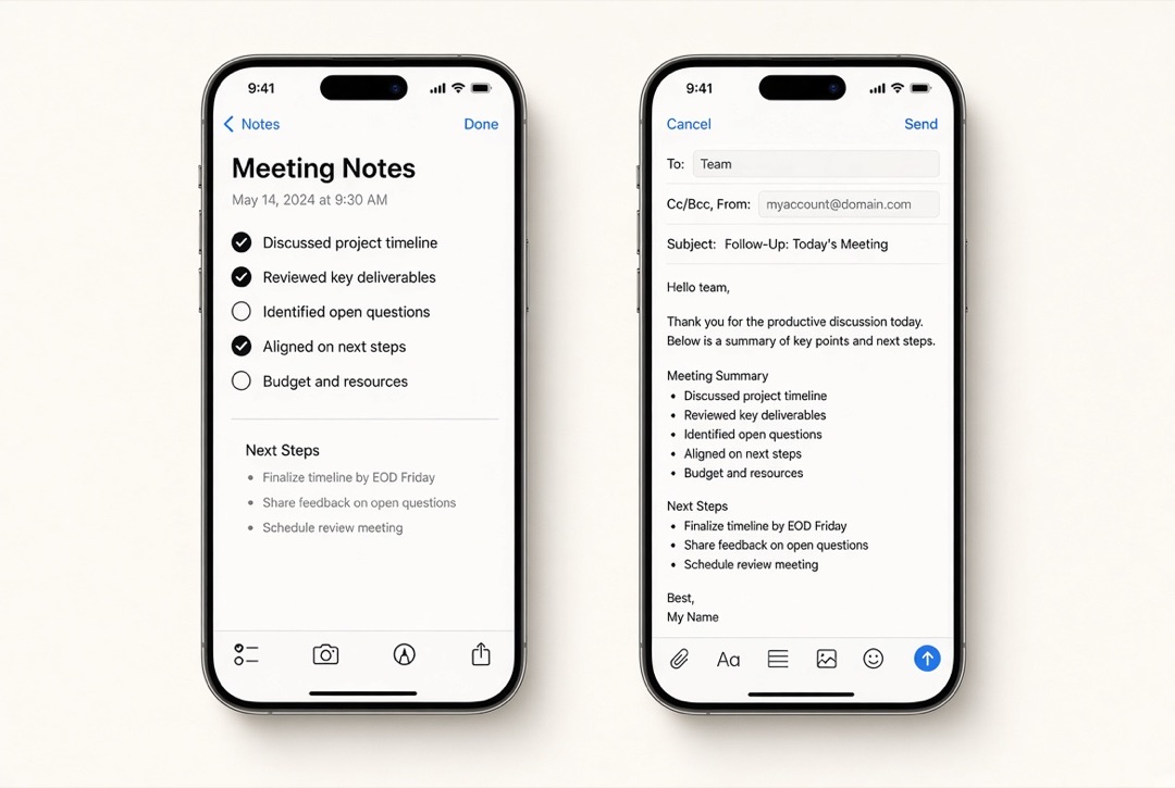 Notes and email side-by-side mockup
