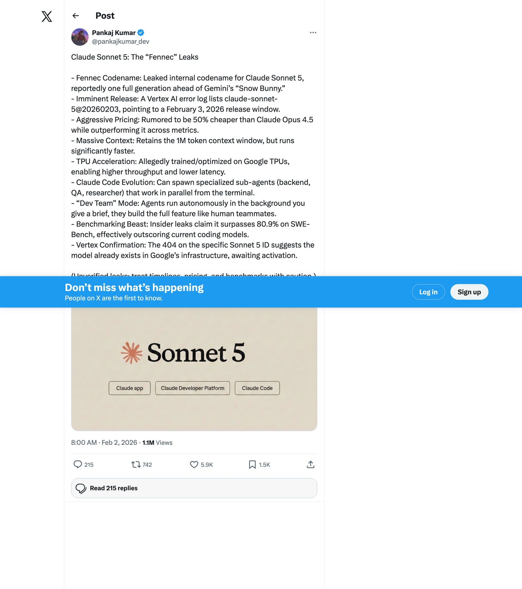 Скриншот поста в X (Twitter) от @pankajkumar_dev об утечке Claude Sonnet 5 Fennec из логов Google Vertex AI — 1.1 млн просмотров