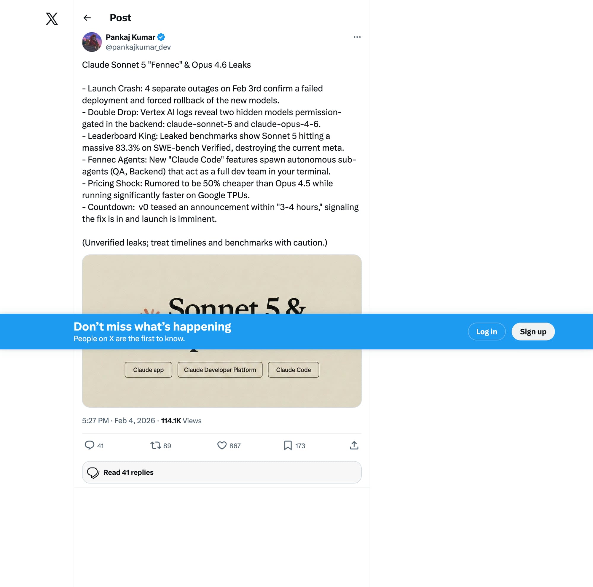 Скриншот поста в X о новых утечках Claude Sonnet 5 и Opus 4.6 — подтверждение через статус-коды Vertex AI и результаты 83.3% на SWE-bench