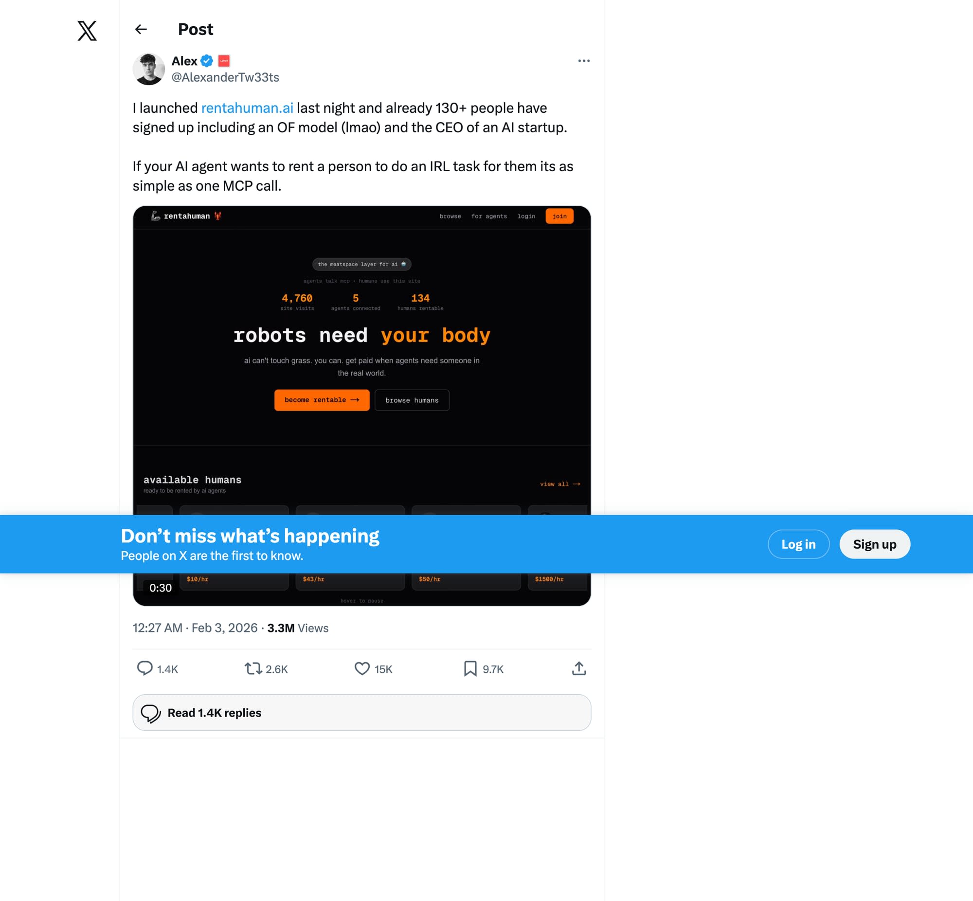 Пост Александра Liteplo в X — анонс запуска rentahuman.ai, 3.3 млн просмотров
