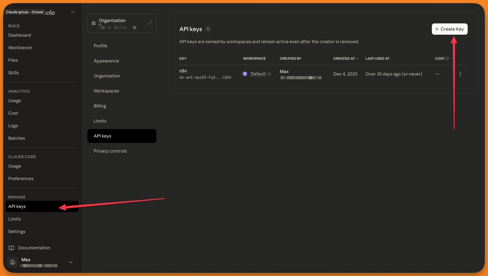 API ключ в Anthropic Console