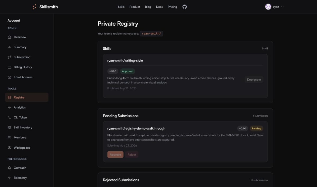 Pending submission on the private registry dashboard, with Approve and Reject buttons