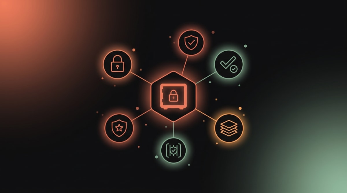 A locked vault of skills at the center of a team’s private registry, connected to review, approval, and security icons