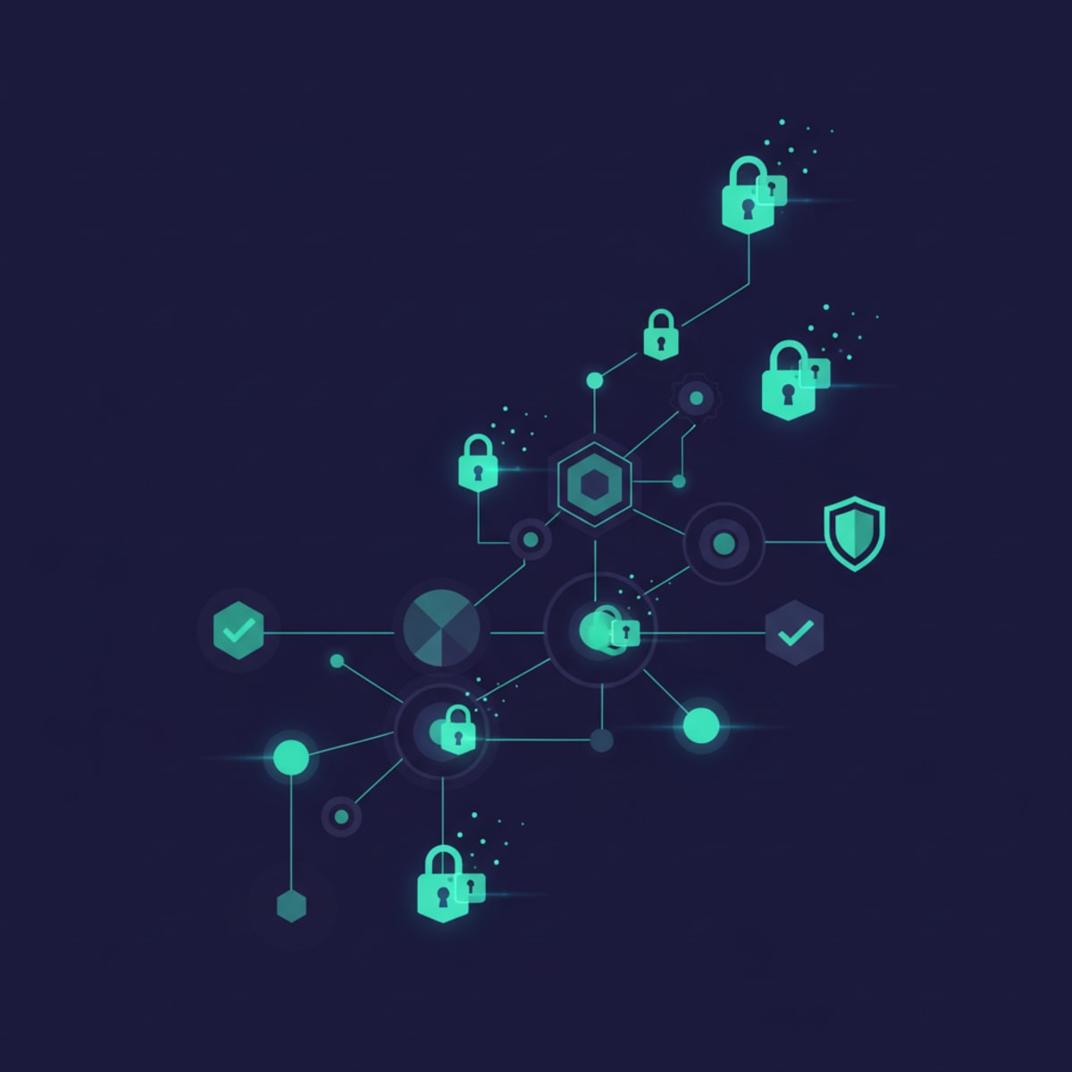 A network of interconnected software dependency nodes secured with padlocks and shields
