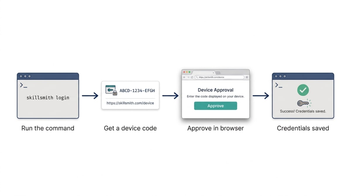 A four-step device-code login flow: running skillsmith login in a terminal, receiving a short device code, approving it in a browser, and credentials landing in a local config file.