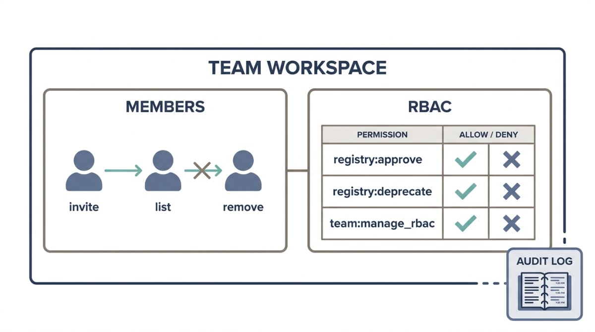 A team workspace diagram showing two distinct areas inside one boundary: team membership (invite, list, remove people) and role-based permissions (three permissions, each with an allow or deny state shown by a checkmark or X), plus a smaller audit log callout.