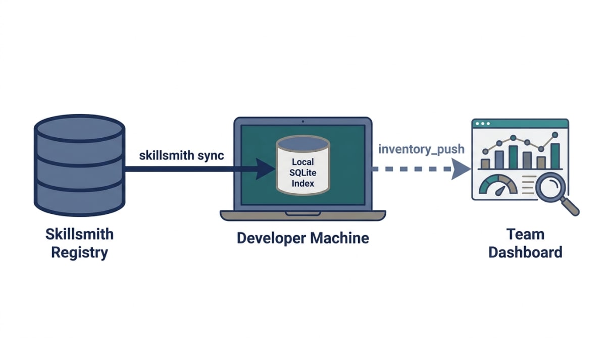 A data-flow diagram showing two one-way flows: skillsmith sync pulling the registry down into a developer’s local SQLite index, and inventory_push separately reporting that local index up to a team dashboard.