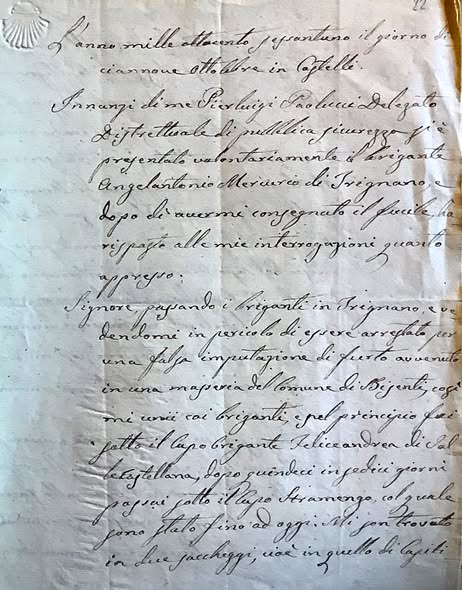 Sabato 19 ottobre 1861 al Delegato di Pubblica Sicurezza Pier Luigi Paolucci