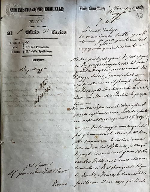 Nel suo rapporto al Governatore di giovedì 7 novembre 1861 il Sindaco di Valle Castellana