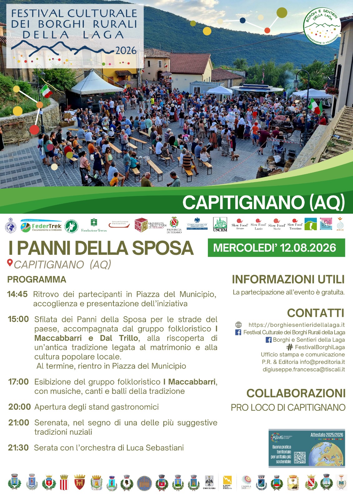 Mercoledì 12 a Capitignano la sfilata nel borgo con i meravigliosi abiti d’epoca per rievocare “I Panni della Sposa”