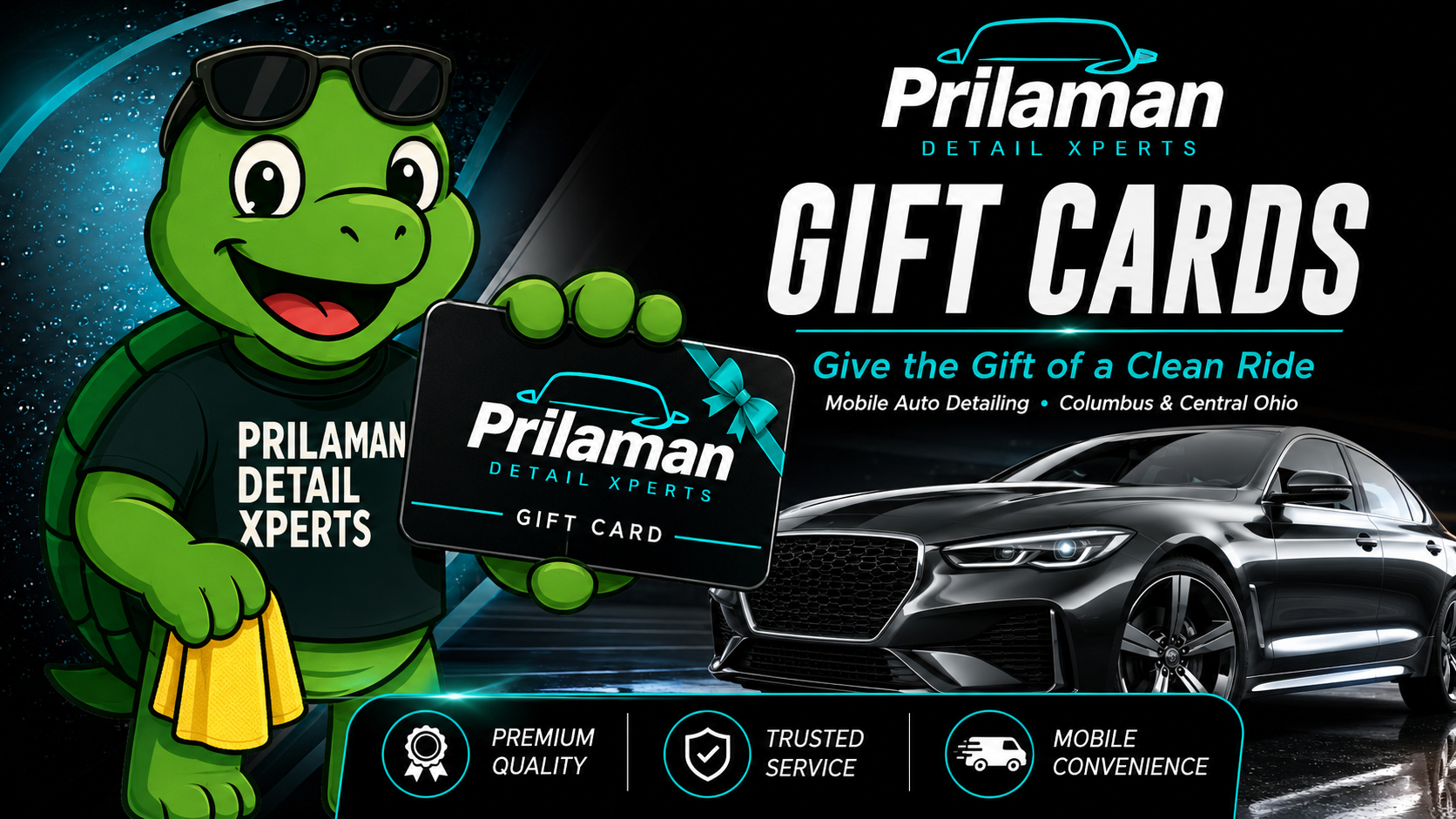 Prilaman Detail Xperts gift card featuring Turbo the Turtle