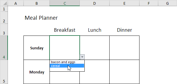 How to create a meal planner template in Excel