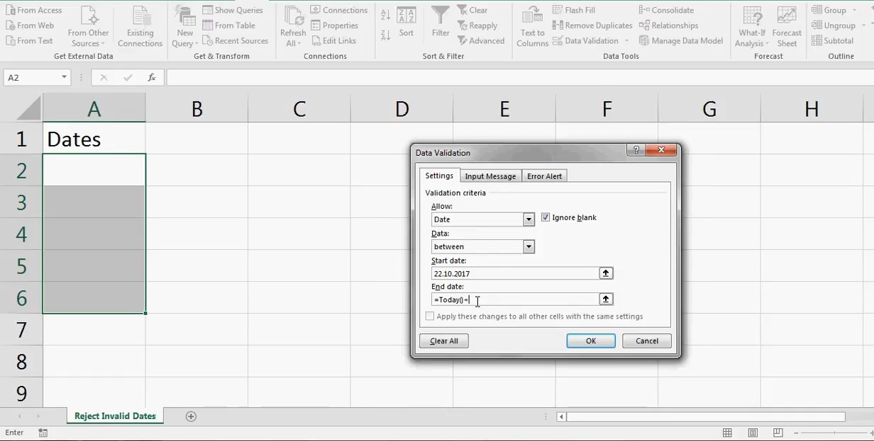 How to use data validation to reject invalid dates